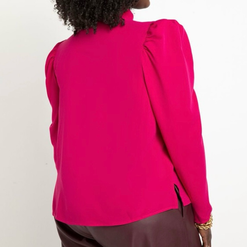 ELOQUII blouse, work, casual, drape front, tie at neck, dark pink.